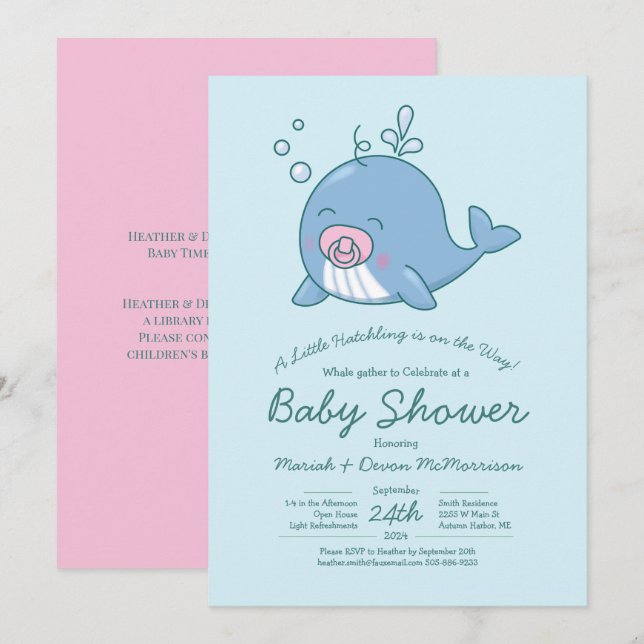Niedlich Whale Baby Shower Kawaii Einladung Girl P (Vorne/Hinten)