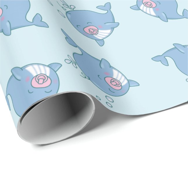 Niedlich Whale Baby Shower Kawaii Girl Pink Geschenkpapier (Rolleneckpunkt)