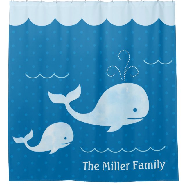 Niedlich Whale Family Blue Underwater Dots Duschvorhang (Vorderseite)