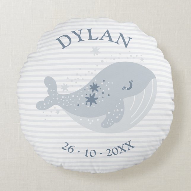 Niedlich Whale Stars Blue Baby Boy Geburtserklärun Rundes Kissen (Vorderseite)
