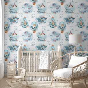 Niedlich Whale Watercolor Nautical Baby Kinderzimm Tapete