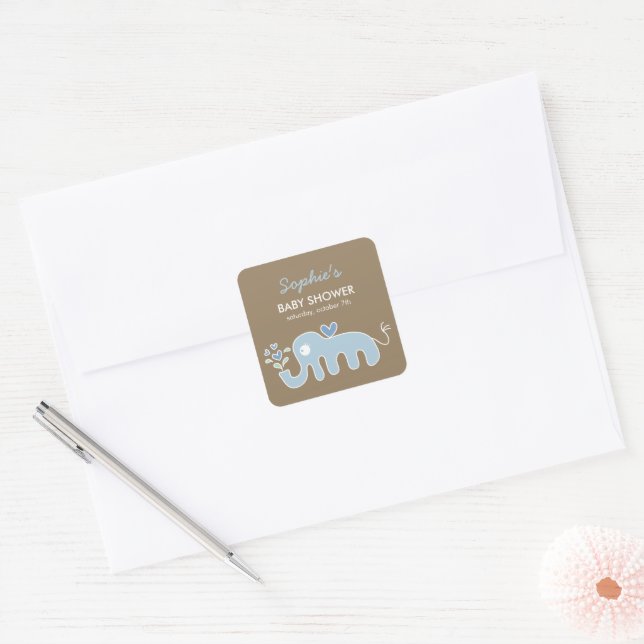 Niedlich Whimsical Blue Elephant Liebe Boy Baby Du Quadratischer Aufkleber (Umschlag)