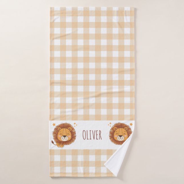 Niedlich Whimsical Lion Gingham Name Birth Badehandtuch (Badehandtuch)