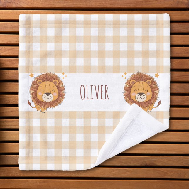 Niedlich Whimsical Lion Gingham Name Waschlappen (Von Creator hochgeladen)
