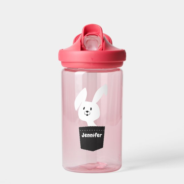 Niedlich Whimsical White Bunny Kids Name Cartoon Trinkflasche (Vorne)