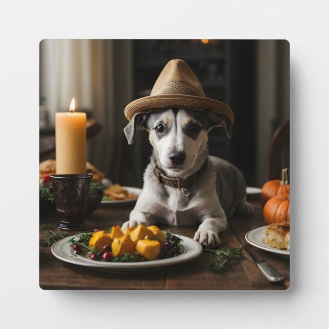 Niedlich Whippet Puppy Pilgrim Hat Erntedank Dinne Fotoplatte (Vorderseite)