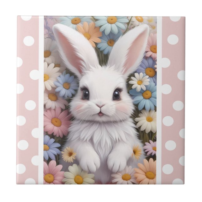 Niedlich White Bunny Pastel Daisy Blume Fliese (Vorderseite)