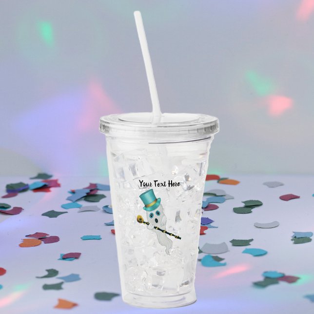 Niedlich White Extravagant Ghost Blue Top Hat Skul Acryltrinkbecher (Funny ghost blue eyes and top hat with black cane with gold skull on top on Halloween acrylic tumber)