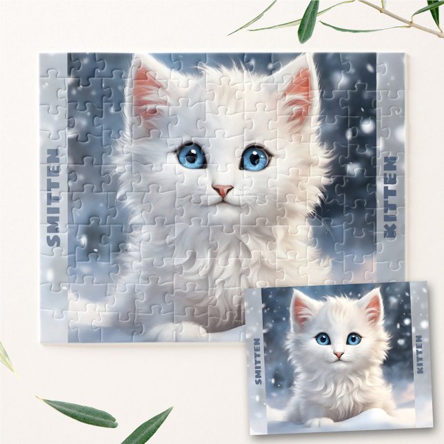 Niedlich White Kitten Cat Winterschnee Individuell Puzzle (Cute White Kitten Cat Winter Snow Custom Name Jigsaw Puzzle)