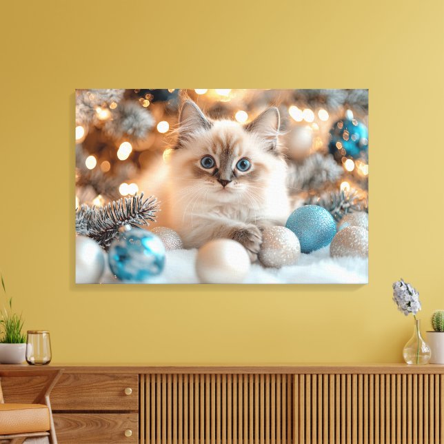 Niedlich White Kitten feiert Weihnachten Leinwanddruck (Insitu (Wohnzimmer))