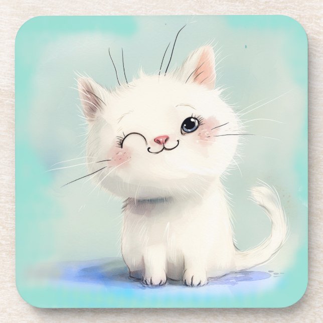 Niedlich White Kitten Getränkeuntersetzer (Vorderseite)