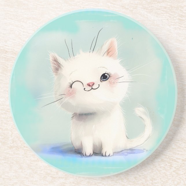 Niedlich White Kitten Getränkeuntersetzer (Vorne)