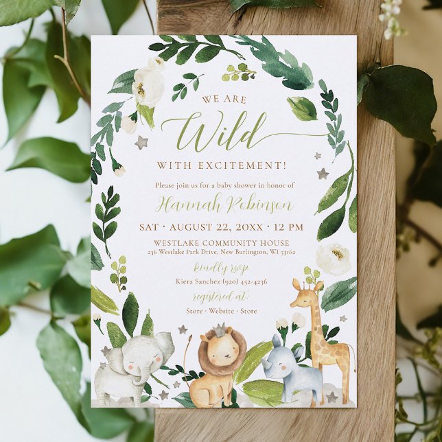 Niedlich Wild Jungle Safari Tiere Kinderdusche Einladung (WILD with Excitement cute watercolor greenery wreath jungle safari animals baby boy shower invite)