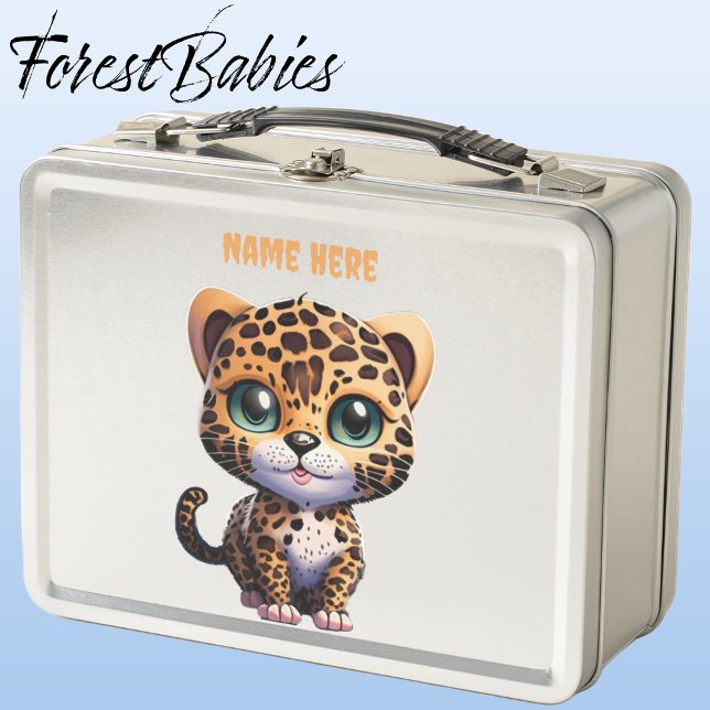 Niedlich Wildlife Leopard Kitty Cat Cartoon Metall Brotdose (Leopard, Silver ForestBabies Lunch Box)