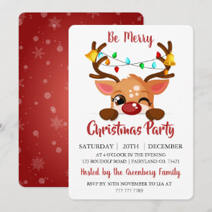 Niedlich Winking Reindeer Red Nose Weihnachtsfest Einladung