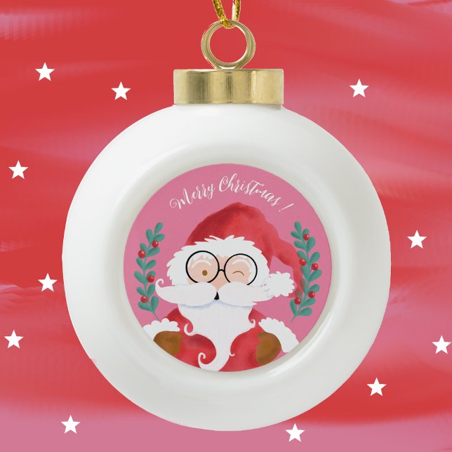 Niedlich Winking Santa Pink Frohe Weihnachtsdekora Keramik Kugel-Ornament (Cute modern winking Santa ceramic ball ornament .)