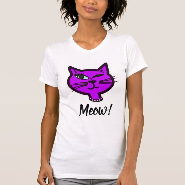 Niedlich Winky Lila Cartoon Cat T-Shirt (Vorderseite)