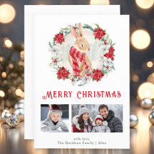 Niedlich Winter Bunny Poinsettia Weihnachtsfotokar