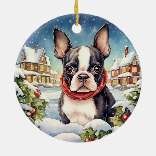 Niedlich Winter Christmas Boston Terrier Keramik Ornament (Hinten)