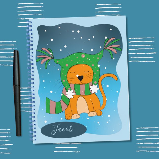 Niedlich Winter Ginger Cat Kid Personalisiert Note Notizbuch (Cute ginger cat in the snow kid personalized notebook .)