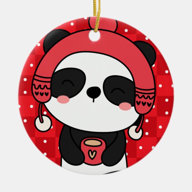 Niedlich Winter Panda Hand Drawn Keramik Ornament (Vorne)