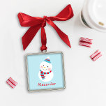 Niedlich Winter Snowman Blue Vorname Silbernes Ornament<br><div class="desc">Niedliche personalisierte Winterschneemann Sake-Ornament in Rot,  Weiß und Blau gestaltet. Enthält benutzerdefinierten Text für einen Vornamen. Der hellblaue Hintergrund kann geändert werden.</div>