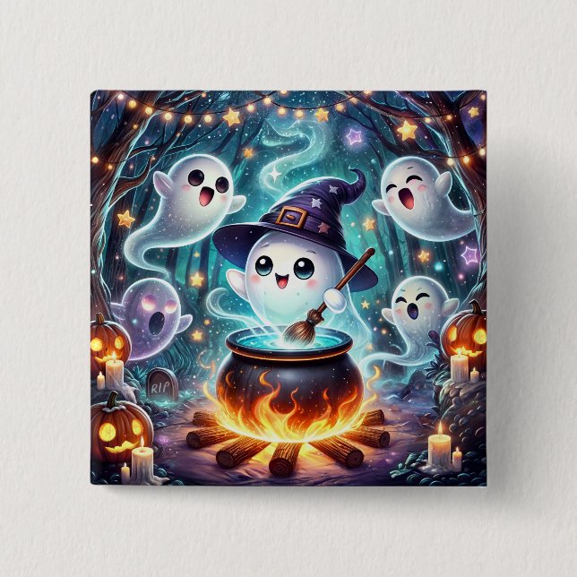 Niedlich Witchy Ghost Halloween-Party Bevorzugung Button (Vorderseite)