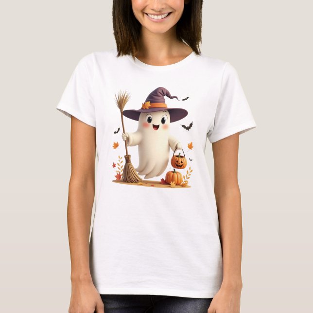 Niedlich Witchy Ghost Halloween T-Shirt (Vorderseite)