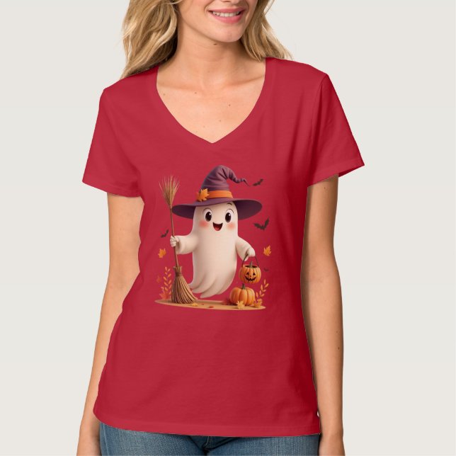 Niedlich Witchy Ghost Halloween T-Shirt (Vorderseite)