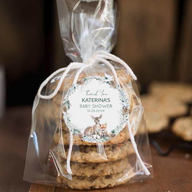 Niedlich Woodland Animals Kinderdusche Danke für I Runder Aufkleber (Add these cute woodland animal thank you stickers to baked goods for an easy baby shower favor.)