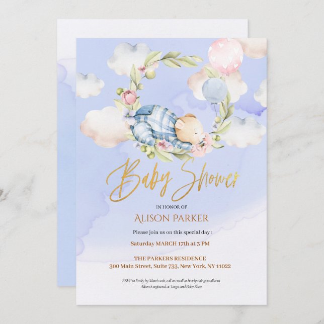 Niedlich Woodland Teddy Bear Boy Babydusche Einladung (Vorne/Hinten)