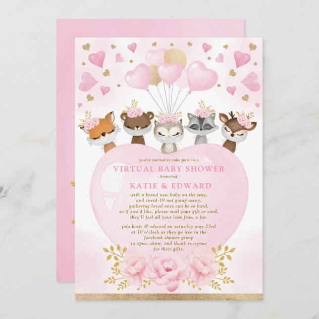 Niedlich Woodland Valentines Girl Virtual Baby Dus Einladung (Vorne/Hinten)