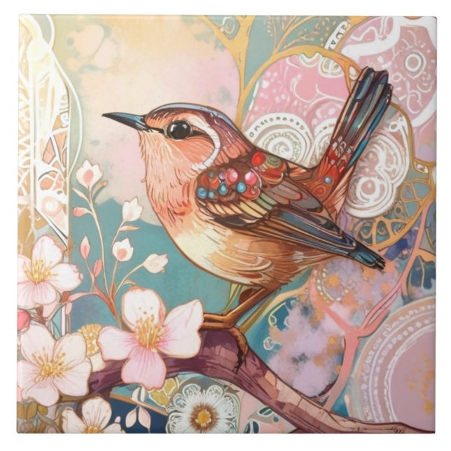 Niedlich Wren Bird Art Nouveau Deko Inspor Floral Fliese (Vorderseite)