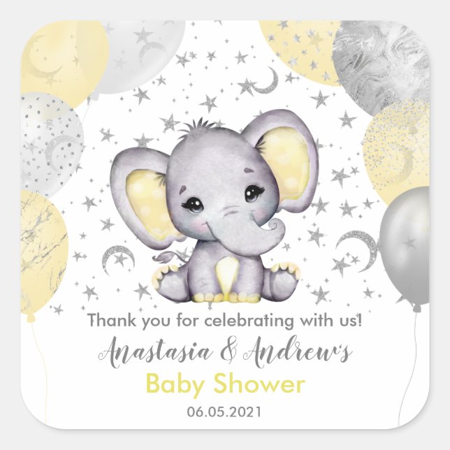 Niedlich Yellow Baby Dusche Elephant Balloons Squa Quadratischer Aufkleber (Vorderseite)