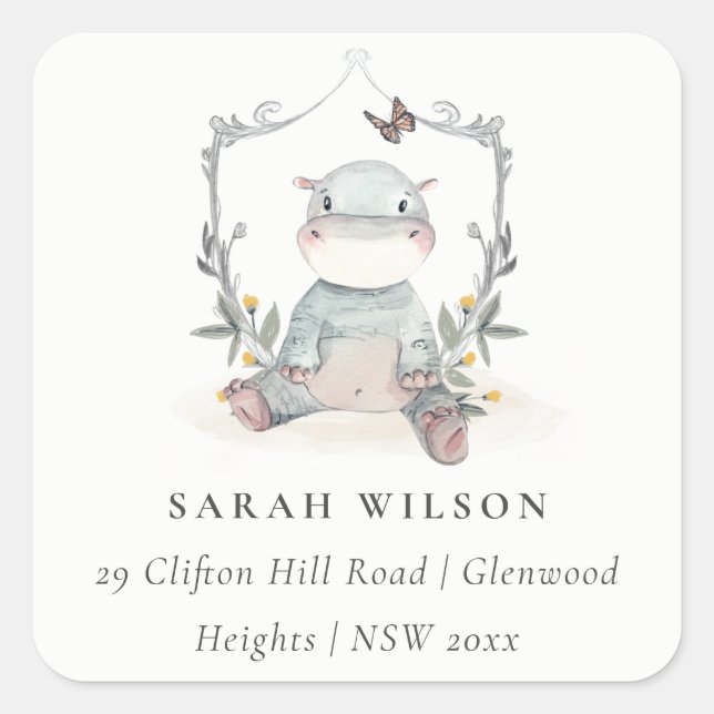 Niedlich Yellow Baby Hippo Foliage Ballonadresse Quadratischer Aufkleber (Vorderseite)