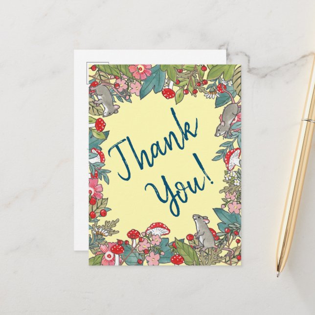 Niedlich Yellow Danke, Mäuse Mouse Woodland Postkarte (Vorderseite/Rückseite Beispiel)