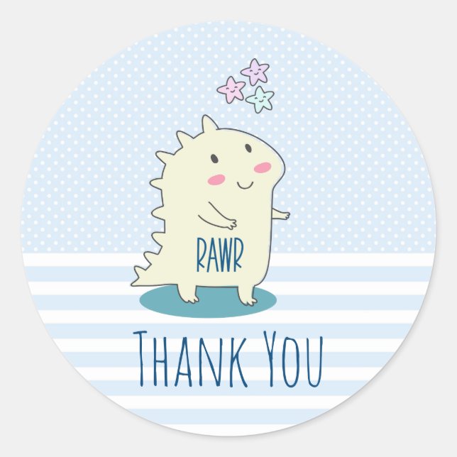 Niedlich Yellow Dinosaurier mit Happy Stars Danke Runder Aufkleber (Vorderseite)