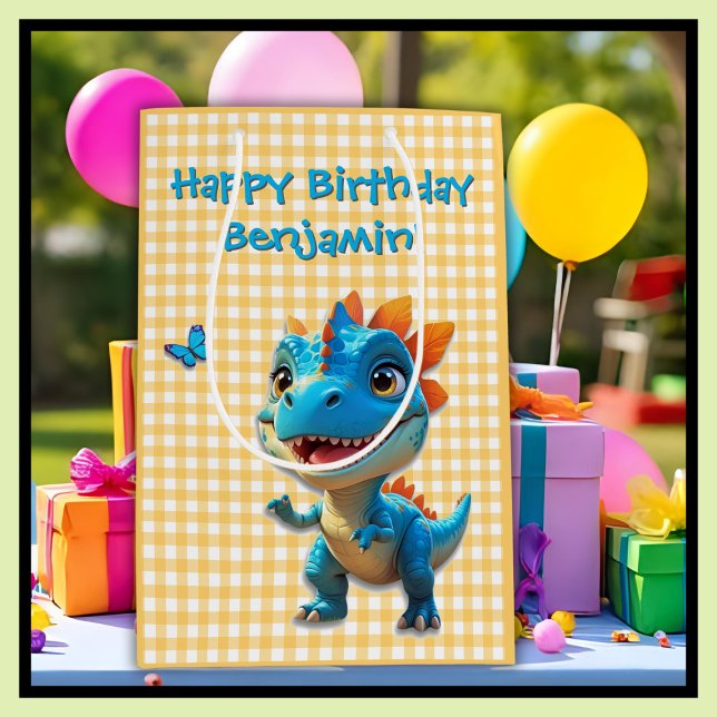 Niedlich Yellow Gingham Blue Dinosaurier Geburtsta Mittlere Geschenktüte (Von Creator hochgeladen)