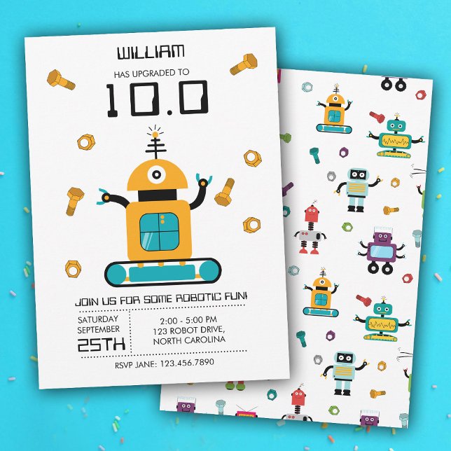 Niedlich Yellow Robot Theme Kids Roboter Geburtsta Einladung (Cute Yellow Robot Theme Kids Robots Birthday Party Invitation)