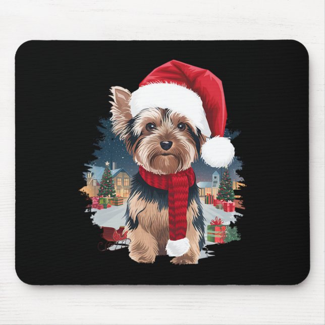 Niedlich Yorkie Dog Weihnachtsmannmütze Scarf Wint Mousepad (Vorne)