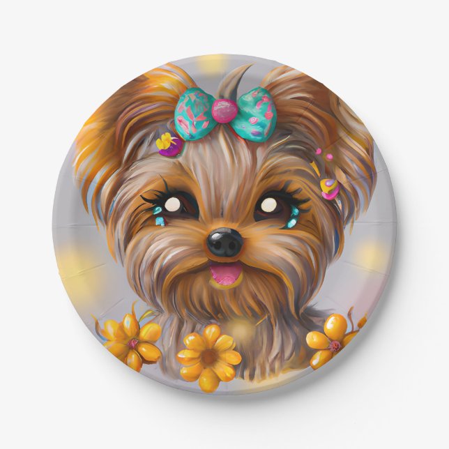 Niedlich Yorkie Kawaii Puppy Pappteller (Vorderseite)