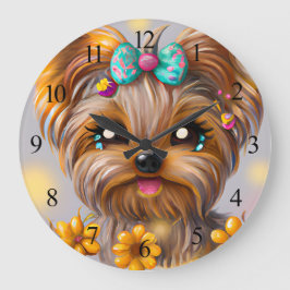 Niedlich Yorkie Kawaii Puppy Poster Große Wanduhr