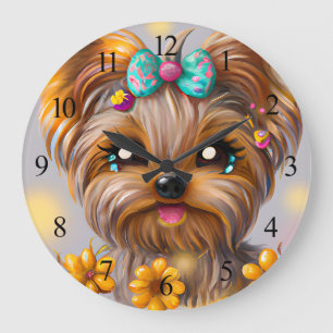 Niedlich Yorkie Kawaii Puppy Poster Große Wanduhr
