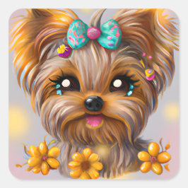 Niedlich Yorkie Kawaii Puppy Quadratischer Aufkleber