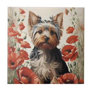 Niedlich Yorkshire Terrier Botanical Red Poppies Fliese
