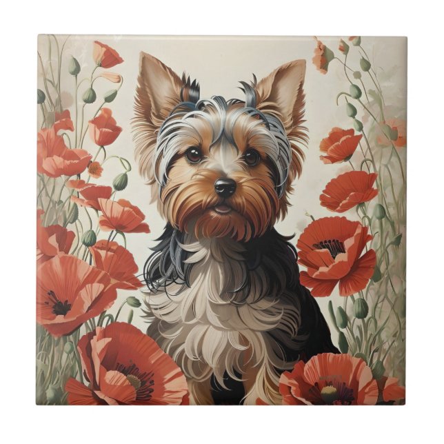 Niedlich Yorkshire Terrier Botanical Red Poppies Fliese (Vorderseite)
