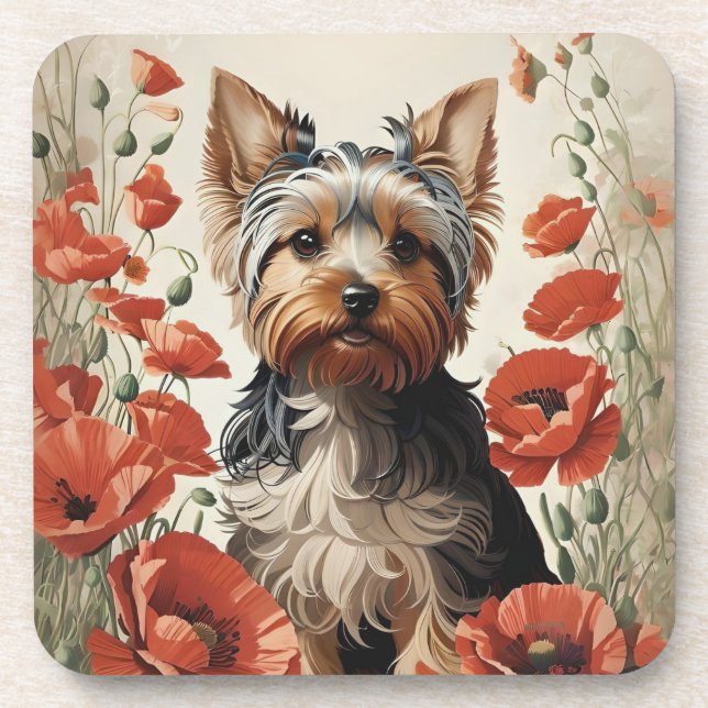 Niedlich Yorkshire Terrier Botanical Red Poppies Getränkeuntersetzer (Vorderseite)