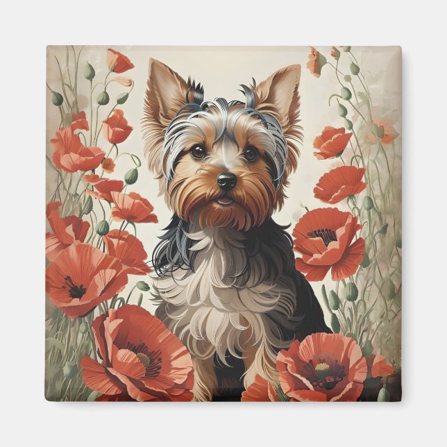 Niedlich Yorkshire Terrier Botanical Red Poppies Magnet (Vorne)