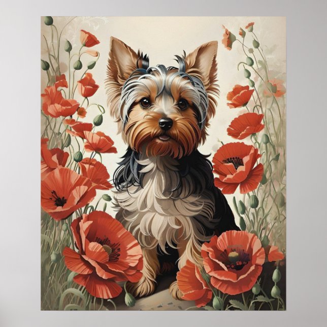 Niedlich Yorkshire Terrier Botanical Red Poppies Poster (Vorne)