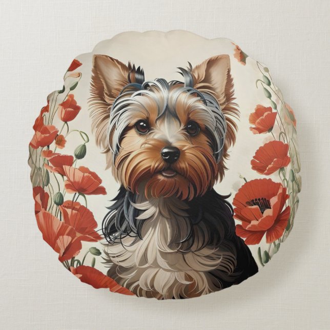 Niedlich Yorkshire Terrier Botanical Red Poppies Rundes Kissen (Vorderseite)
